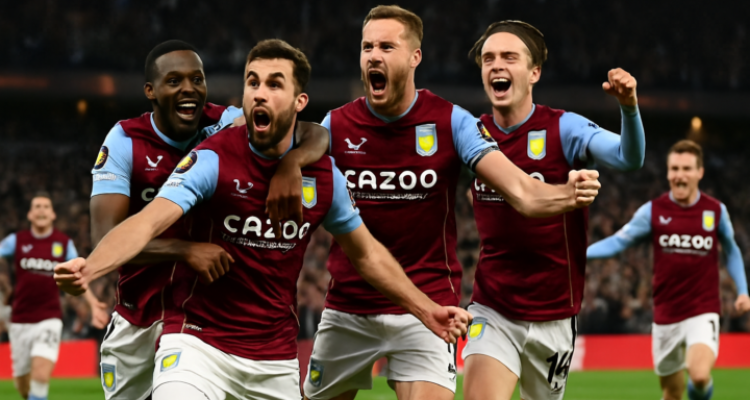 Aston Villa pemain merayakan kemenangan di pertandingan Liga Europa